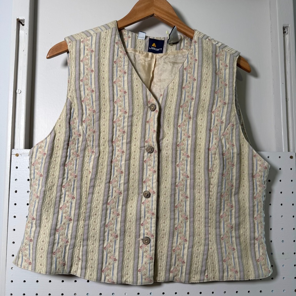 Vintage Lizsport Vest Women's Striped and Floral Embroidered V-Neck Chic - 16